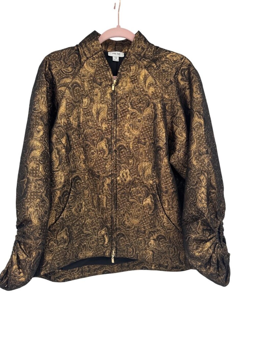 Per Se By Carlisle Jacket Gold brocade Size12  Zipper Front Ruched Sleeves women